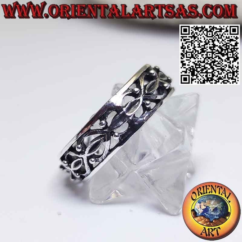 Perforated hypoallergenic silver band ring with overlapping spheres