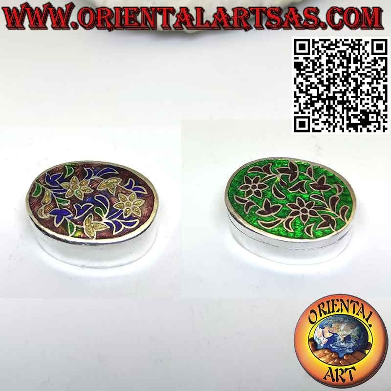 Scatolina in argento ellissoide cesellata e smaltata floreale  portapillole