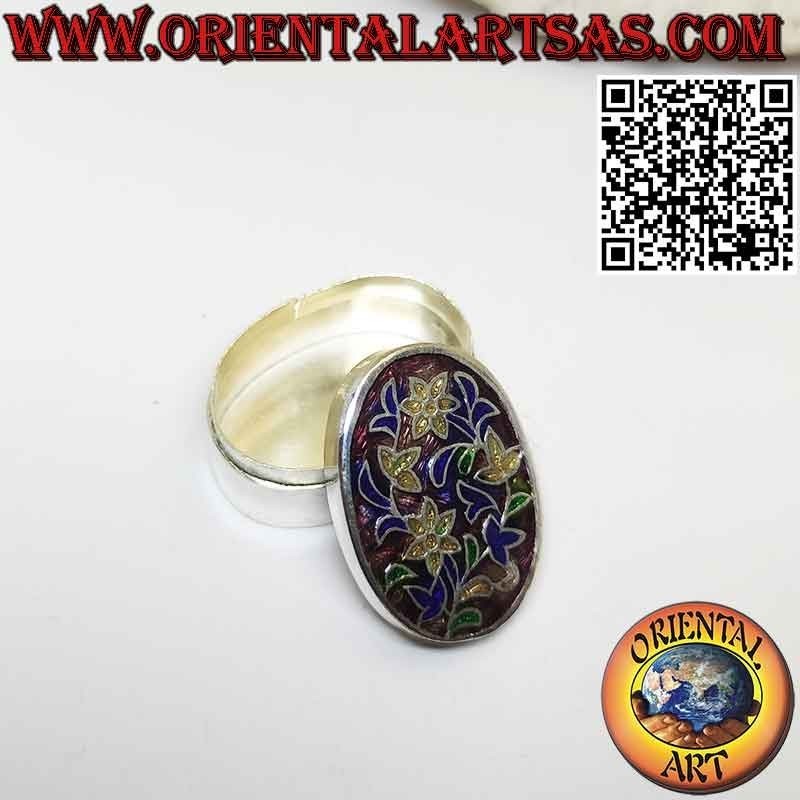 Petit coffret en argent ellipsoïdal ciselé et émaillé floral