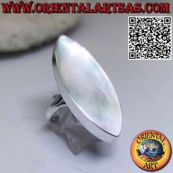 Silver ring with long spool mother-of-pearl smooth edge