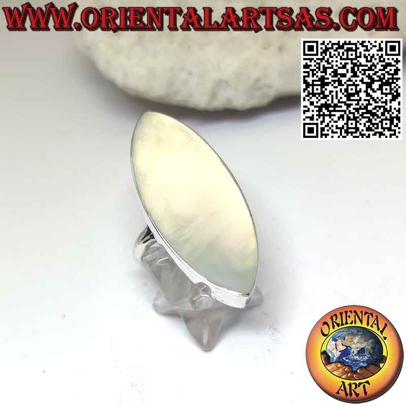 Silver ring with long spool mother-of-pearl smooth edge
