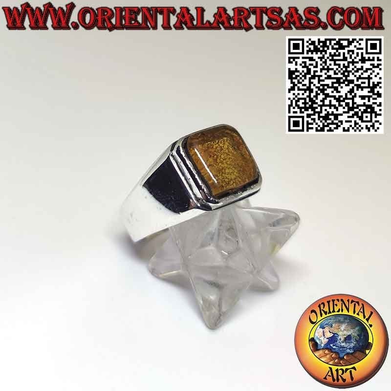 Silver ring with square Baltic amber in a simple setting