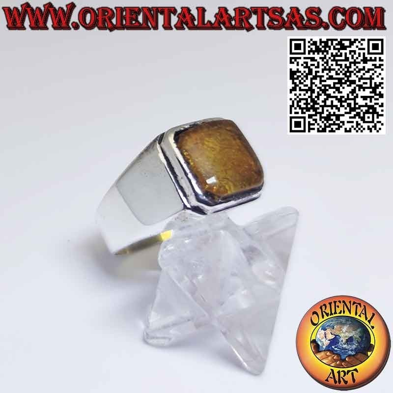 Silver ring with square Baltic amber in a simple setting