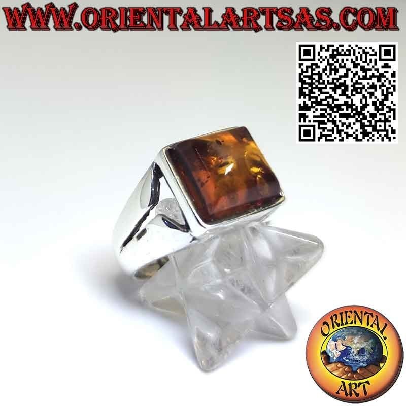 Silver ring with Baltic square amber in carved setting