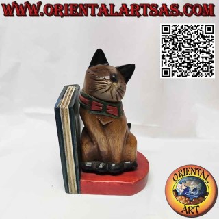 Serre-livres chat en bois de teck coloré fait à la main