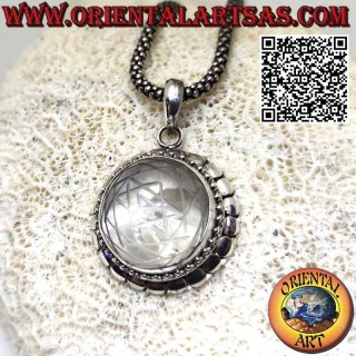 Sri Yantra silver pendant engraved in rock crystal and studded edge