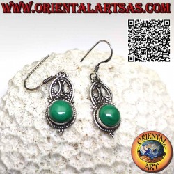 Boucles d'oreilles en argent avec décorations ethniques et cabochon rond malachite