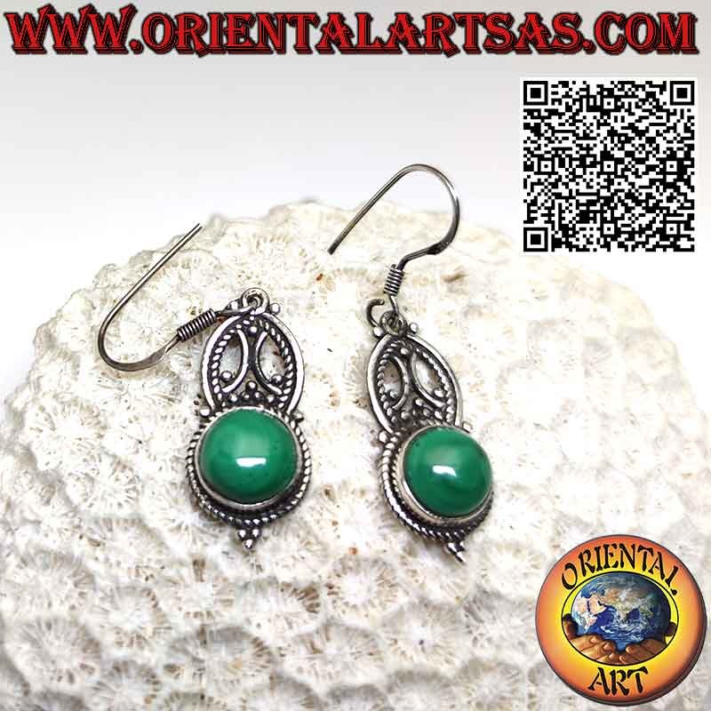 Boucles d'oreilles en argent avec décorations ethniques et cabochon rond malachite