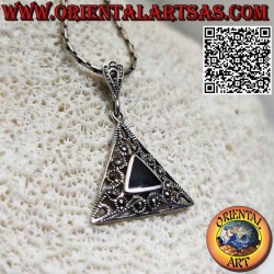 Triangular silver pendant with triangular onyx surrounded by marcasite