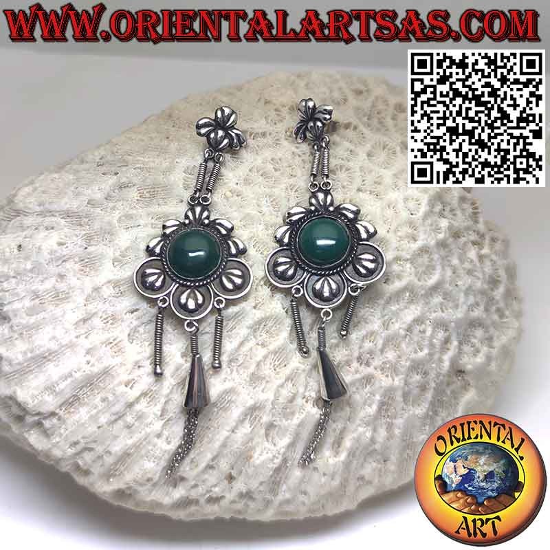 Grandes et longues boucles d'oreilles en argent avec agate verte ronde et pendentifs