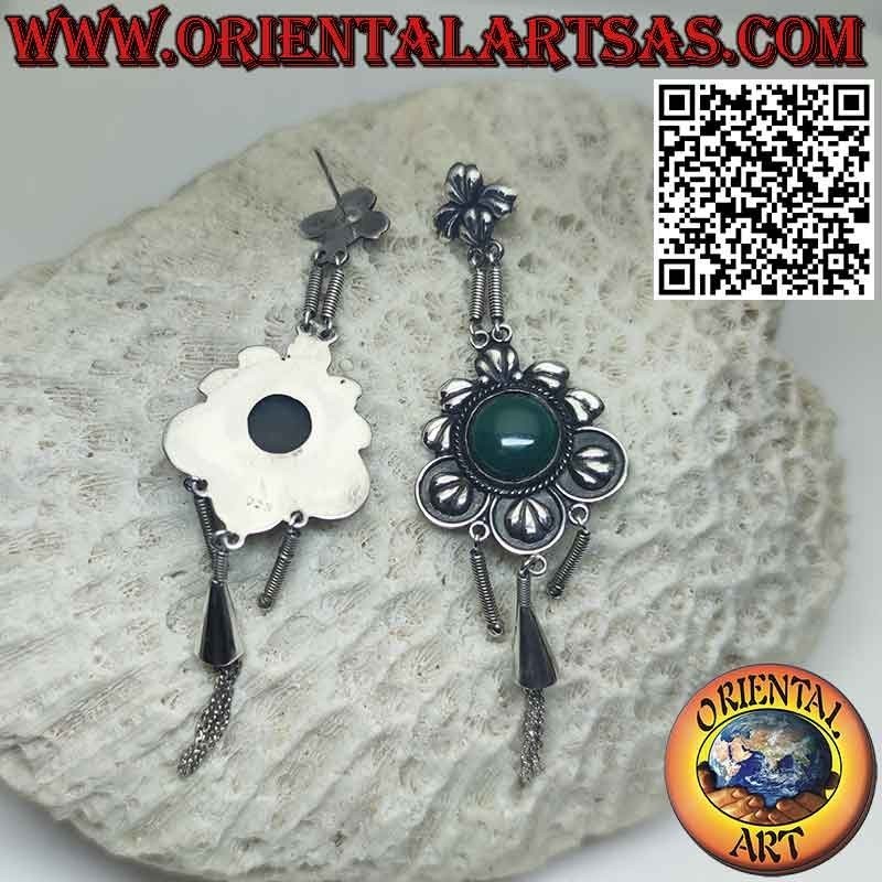 Orecchini in argento grandi e lunghi con agata verde tonda e pendenti
