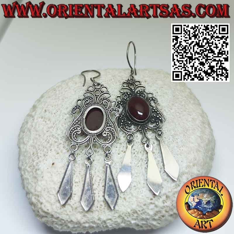 Large and long silver earrings with oval carnelian and pendants