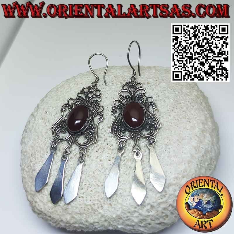 Grandes et longues boucles d'oreilles en argent avec cornaline ovale et pendentifs