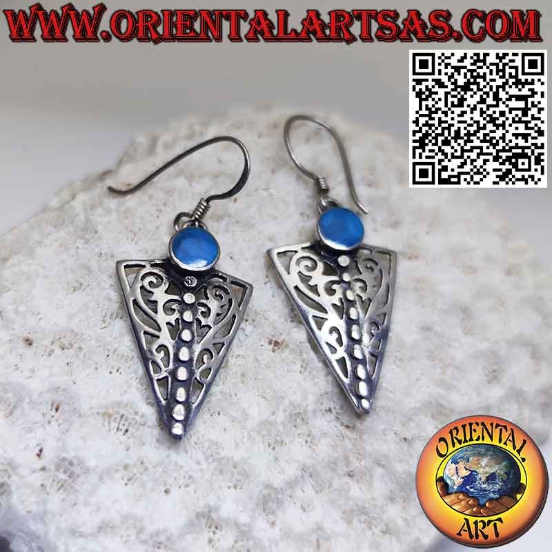 Triangle silver earrings carved with round turquoise