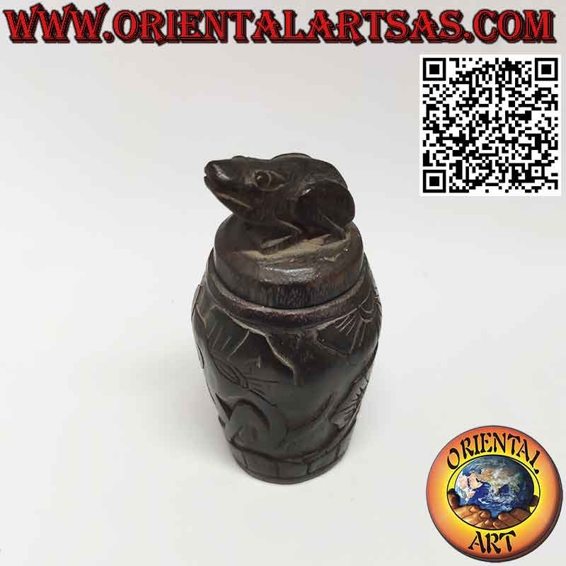 Round medicine box in hand-inlaid wood with frog on the cap