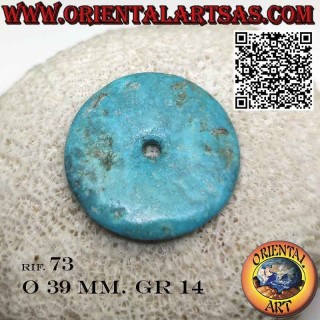Pendentif disque/beignet en turquoise tibétaine naturelle de 39 mm. Ø avec cordon