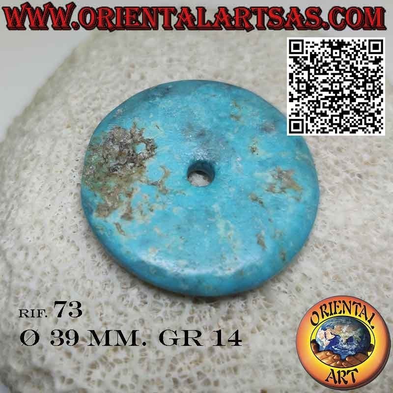 Pendentif disque/beignet en turquoise tibétaine naturelle de 39 mm. Ø avec cordon