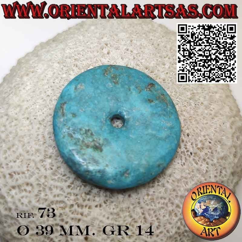 Pendentif disque/beignet en turquoise tibétaine naturelle de 39 mm. Ø avec cordon