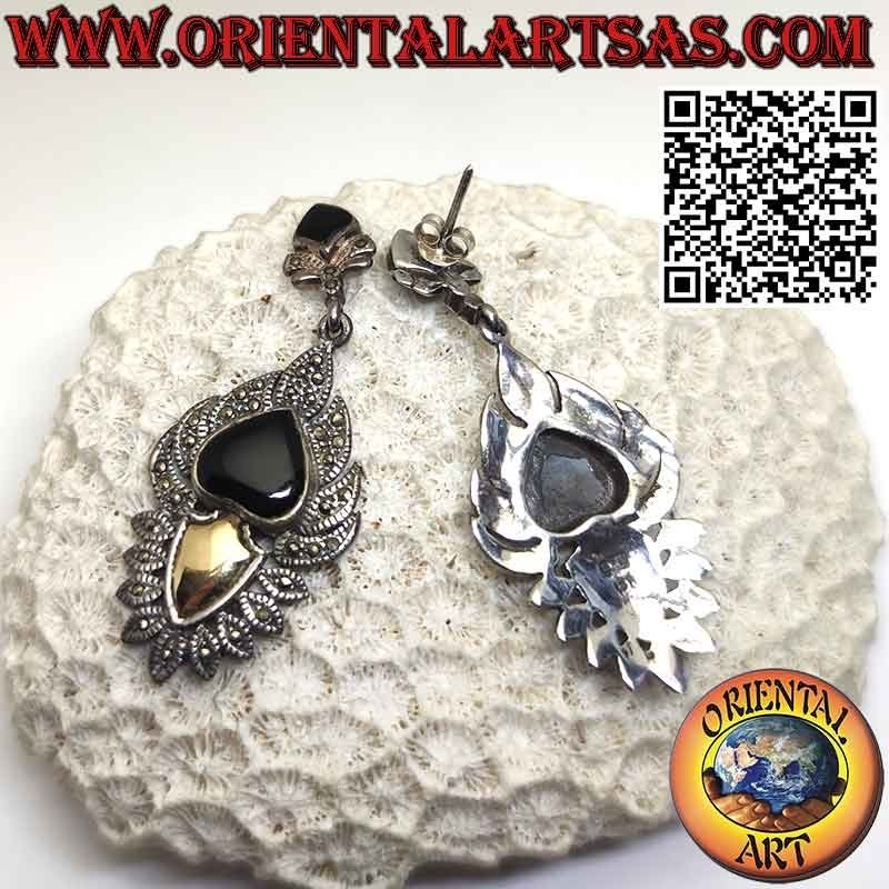 Silver earrings, with heart onyx, gold plate and marcasite