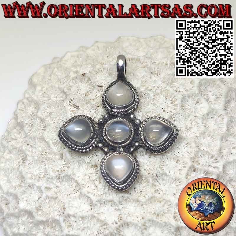 Pendentif en argent, croix grecque avec 4 gouttes et 1 pierre de lune ronde