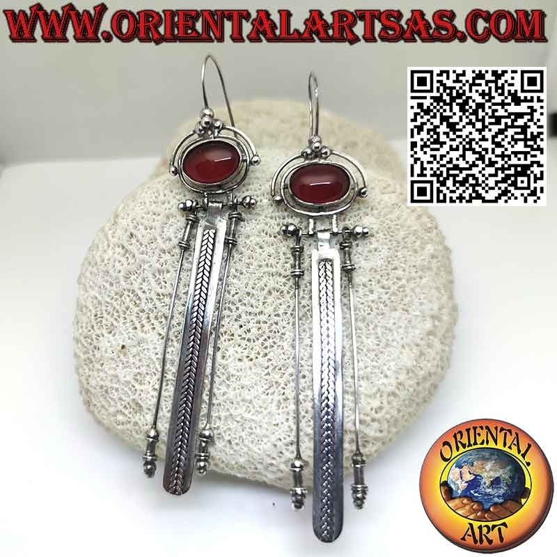 Large silver earrings with oval carnelian and three long pendants