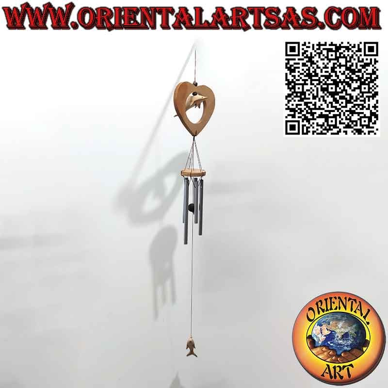 Bell Dolphin wind chime in the heart and below with 5 wooden rods