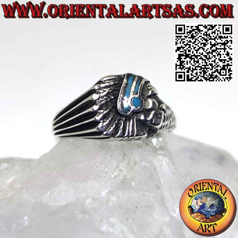 Anello in solido argento 925 ‰ con testa di Indiano (nativi d'America) di profilo con turchese