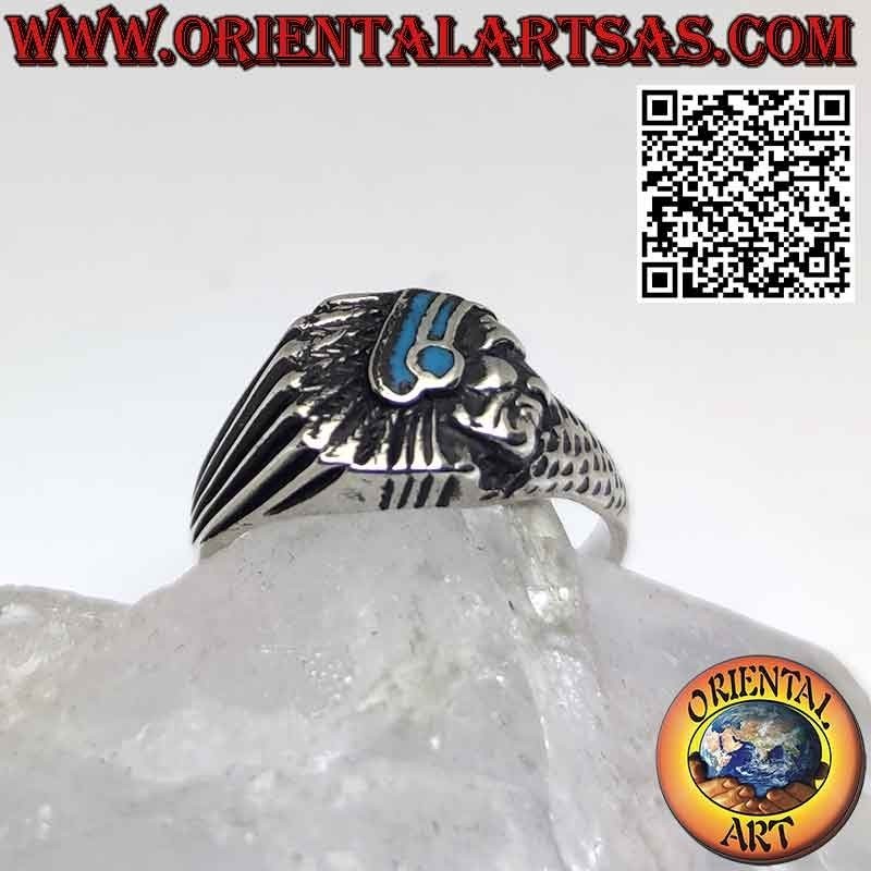 Native American Indian head silver ring with turquoise