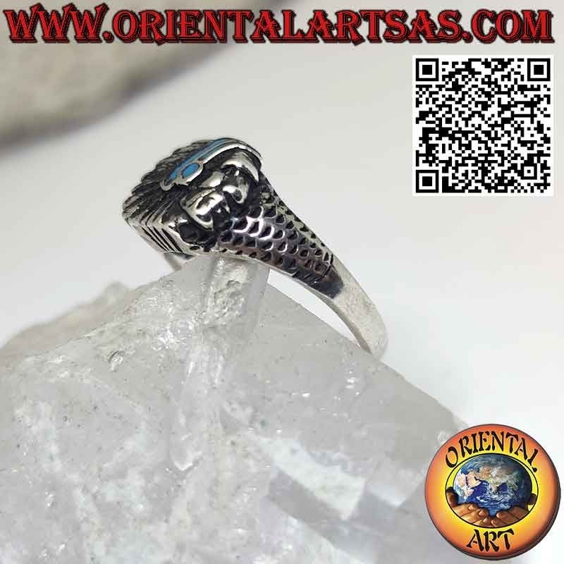 Native American Indian head silver ring with turquoise