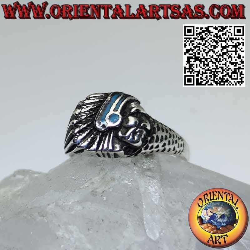 Native American Indian head silver ring with turquoise