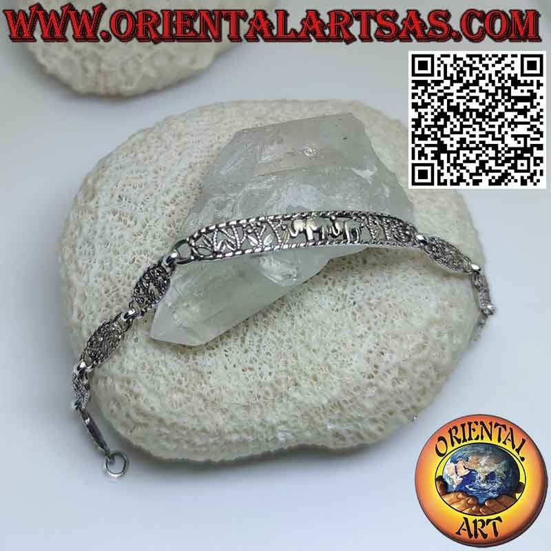 Bracelet semi-rigide en argent 925 avec 2 éléphants sculptés au centre