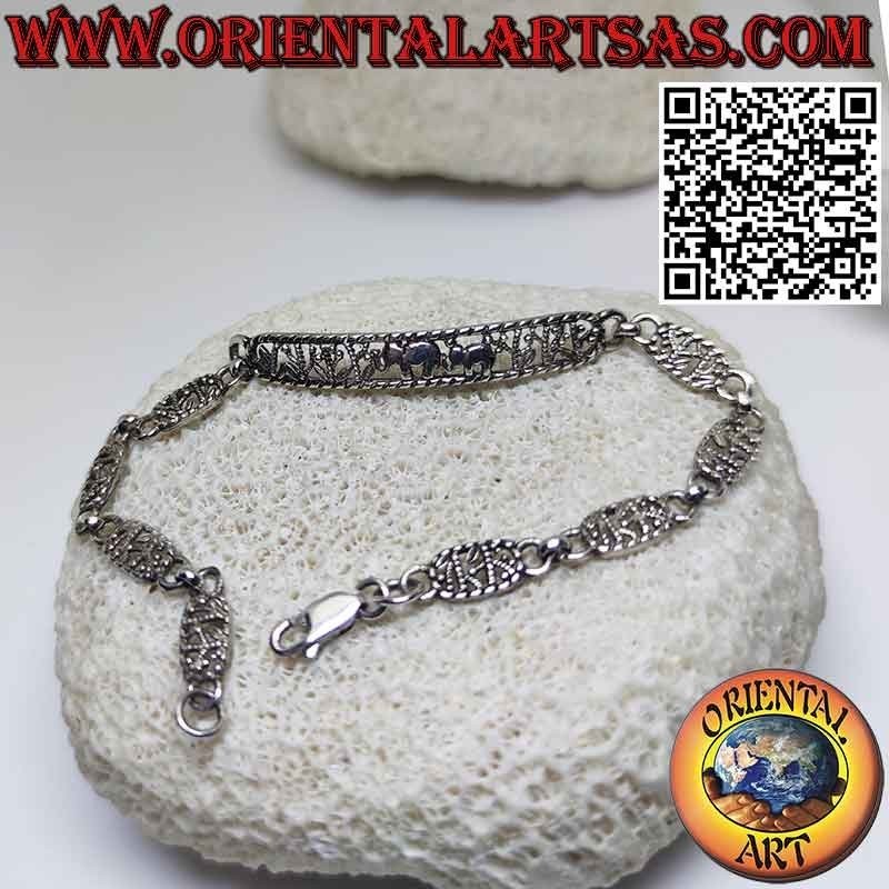 Semi-rigid 925 silver bracelet with 2 central carved elephants