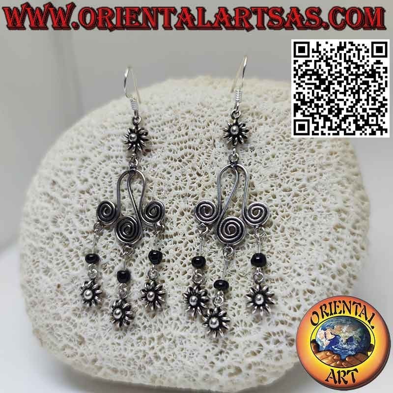 Silver earrings with three spirals and 3 small flowers with hanging onyx