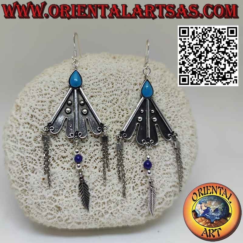 Boucles d'oreilles triangulaires en argent avec pendentifs turquoises et plumes