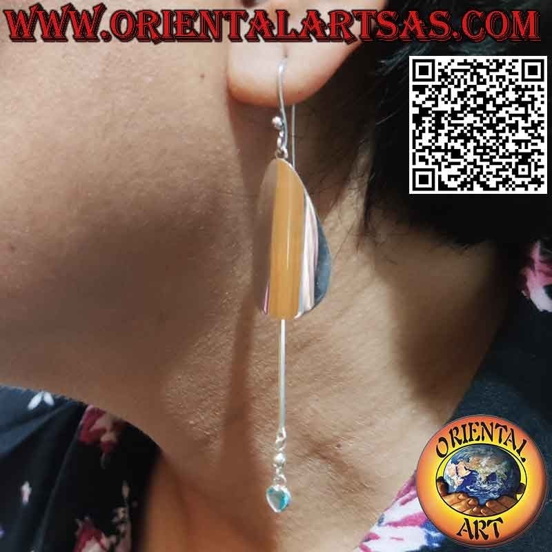 Silver earrings with drop plate and pendant blue topaz heart