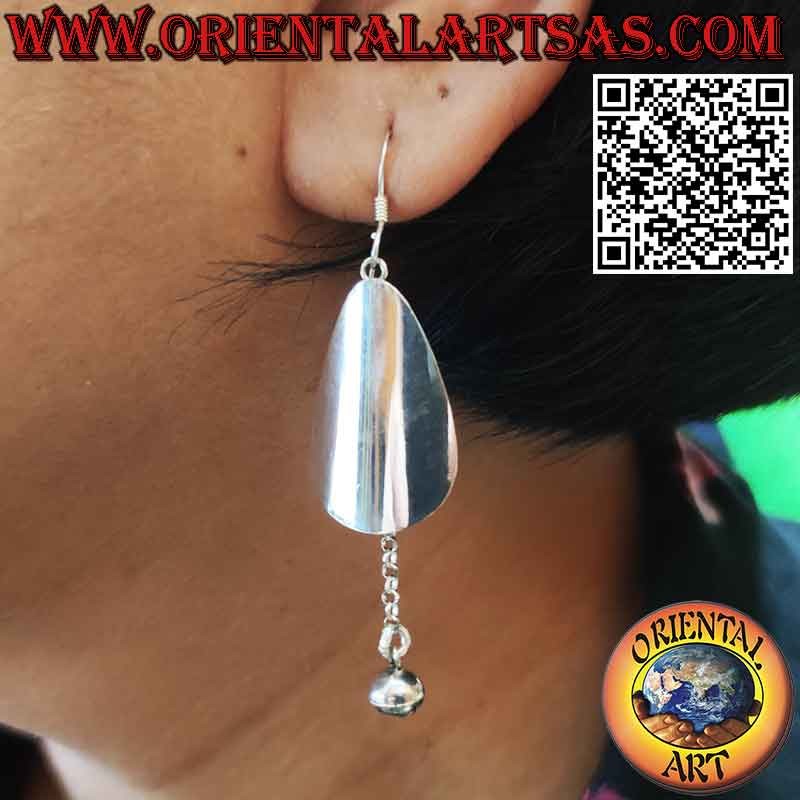 Silver earrings with a drop plate and a pendant ball bell