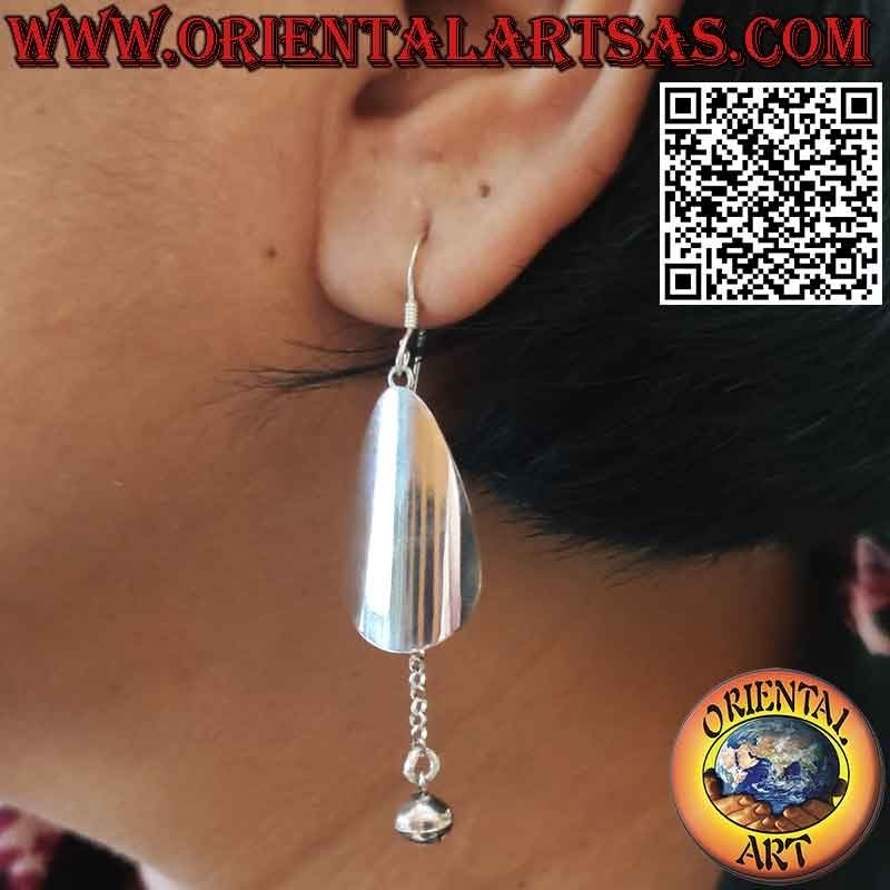 Silver earrings with a drop plate and a pendant ball bell