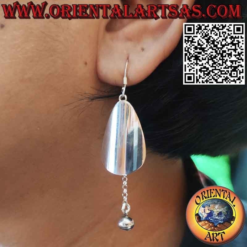 Silver earrings with a drop plate and a pendant ball bell