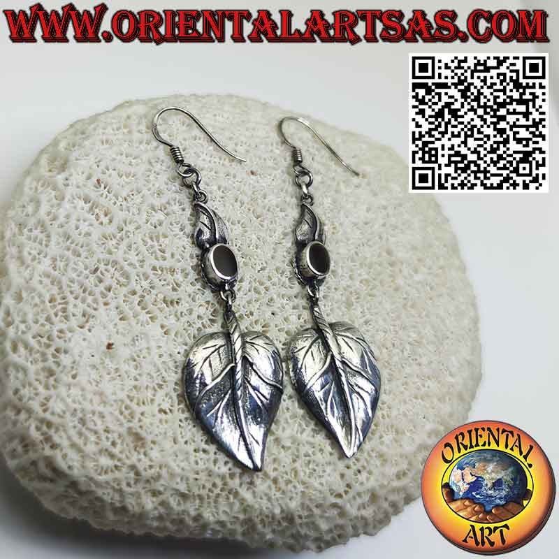 Boucles d'oreilles en argent, avec cornaline ovale et pendentif feuille en forme de coeur
