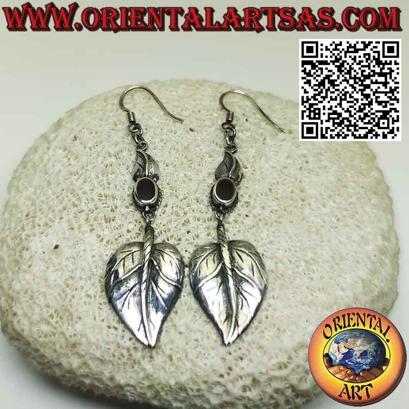 Boucles d'oreilles en argent, avec cornaline ovale et pendentif feuille en forme de coeur
