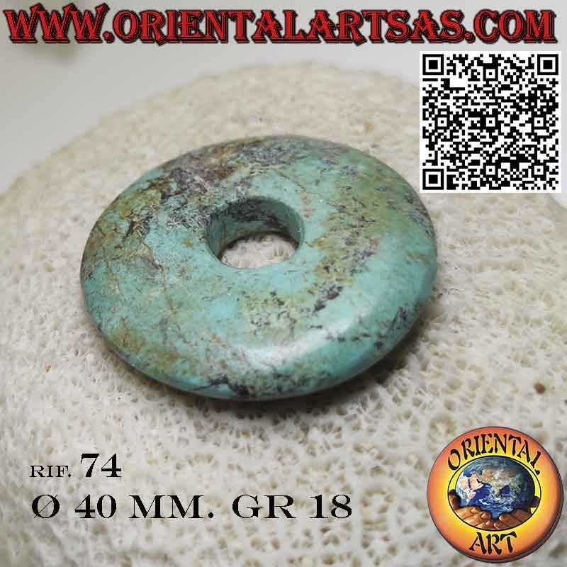 Pendentif disque/beignet en turquoise tibétaine naturelle de 40 mm. Ø avec cordon