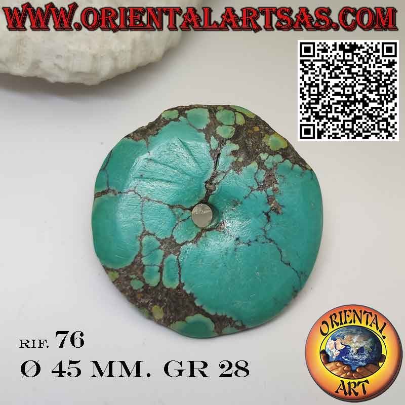 Pendentif disque/beignet en turquoise tibétaine naturelle de 45 mm. Ø avec cordon