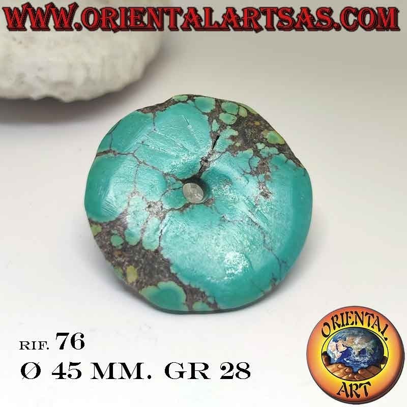 Pendentif disque/beignet en turquoise tibétaine naturelle de 45 mm. Ø avec cordon