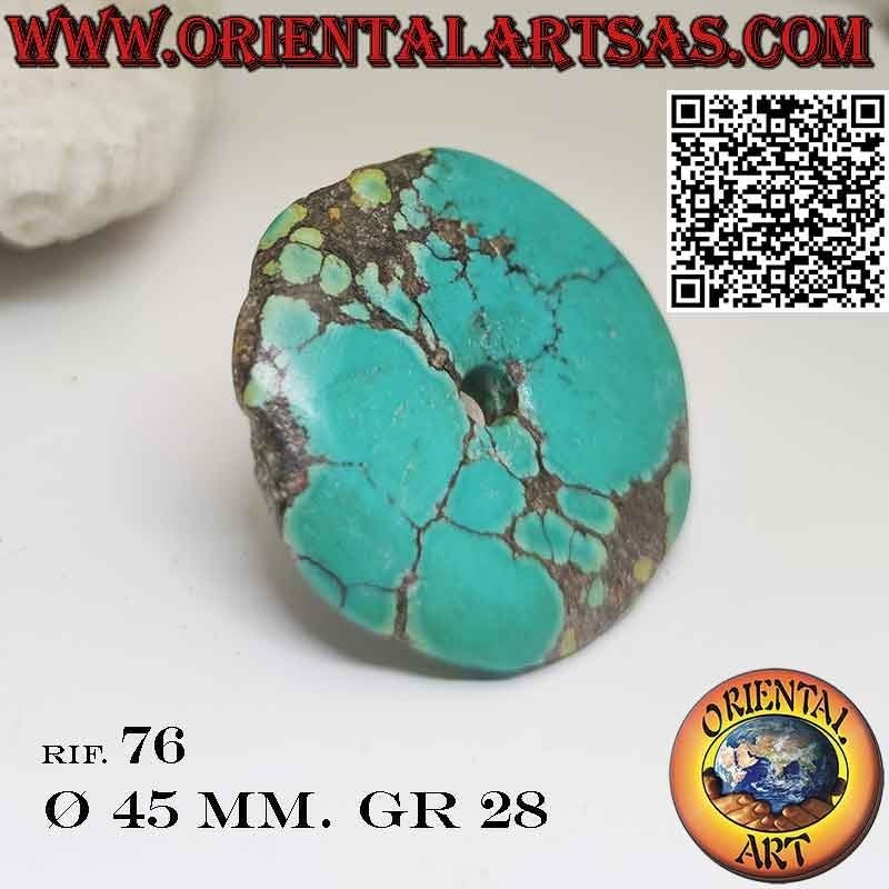 Pendentif disque/beignet en turquoise tibétaine naturelle de 45 mm. Ø avec cordon
