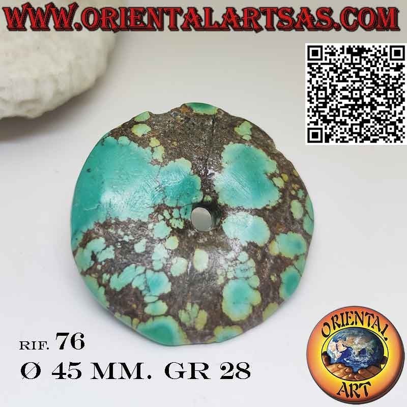 Natural Tibetan Turquoise Disc/Donut Pendant.  with drawstring 45 mm Ø