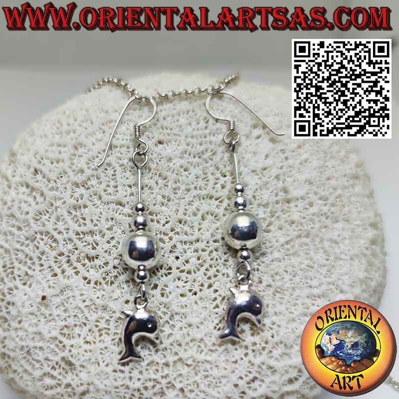 Silver pendant earrings with 3 spheres and a three-dimensional dolphin