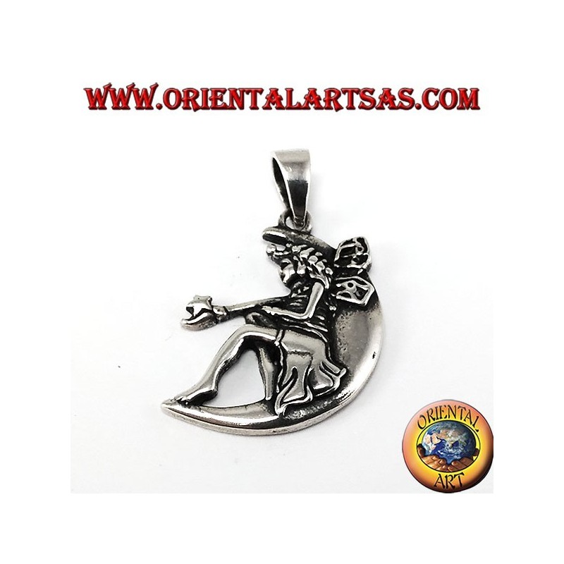 Silber Anhänger, Fee mit Zauberstab auf dem Mond