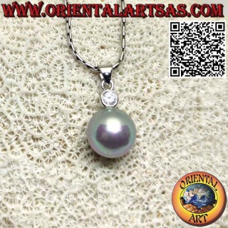 Pendentif en argent avec perle grise et zircon rond facetté sur le dessus