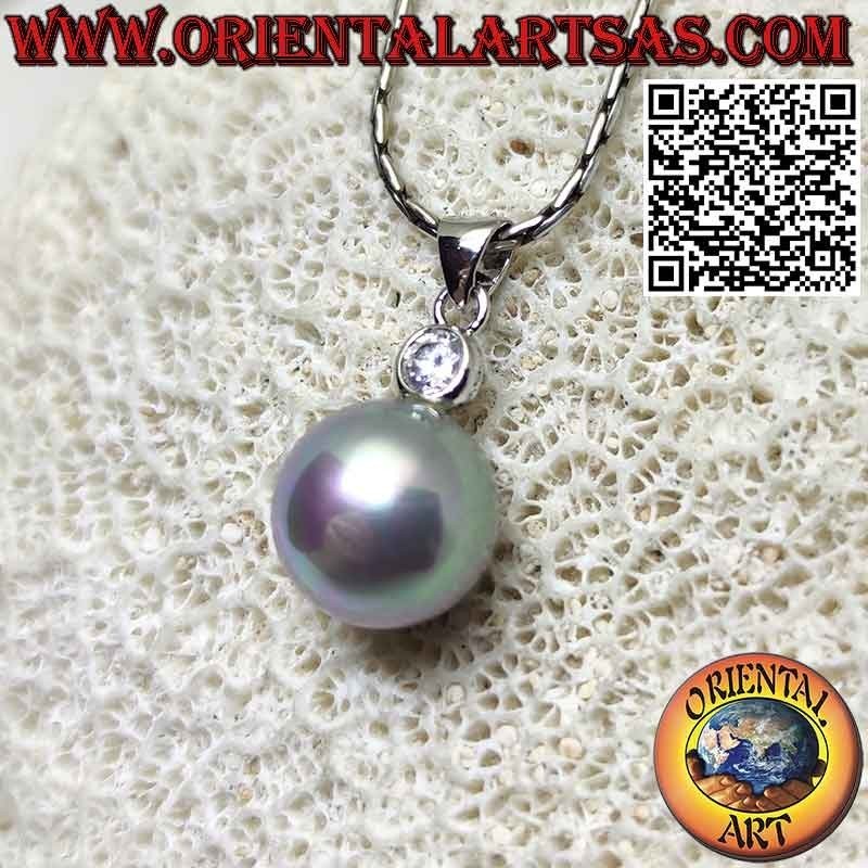 Colgante de plata con perla gris y circonita facetada redonda en la parte superior