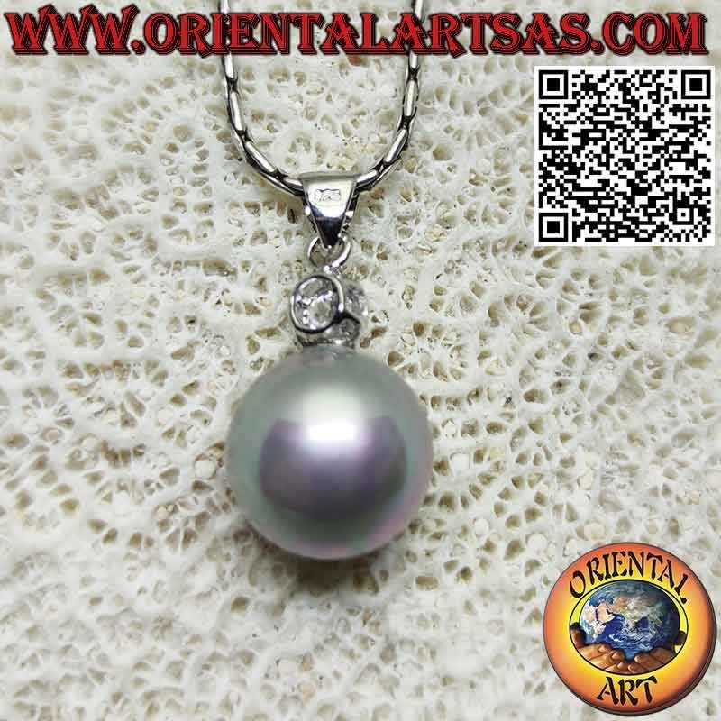 Pendentif en argent avec perle grise et zircon rond facetté sur le dessus